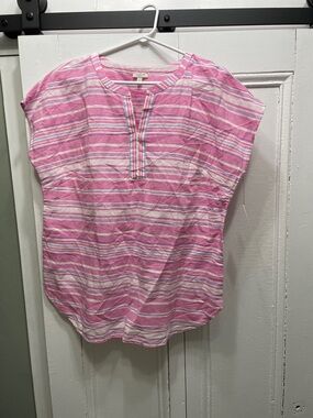 Talbots Linen Blouse Pink and White Striped Short-Sleeve size Medium